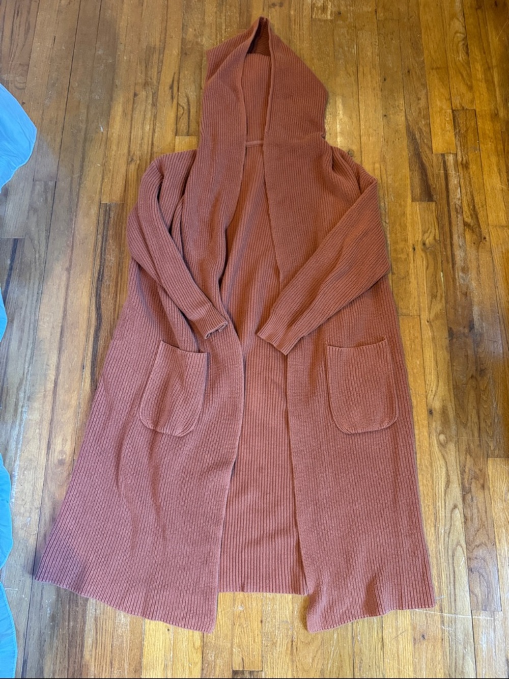 Goumi Long Hooded Open-Front Rib Knit Cardigan - Rust